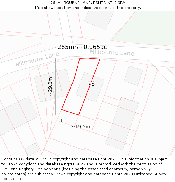 76, MILBOURNE LANE, ESHER, KT10 9EA: Plot and title map