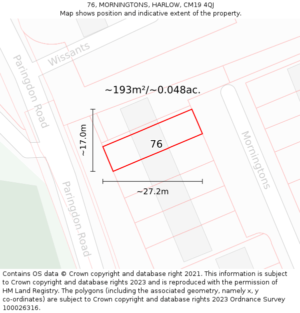 76, MORNINGTONS, HARLOW, CM19 4QJ: Plot and title map