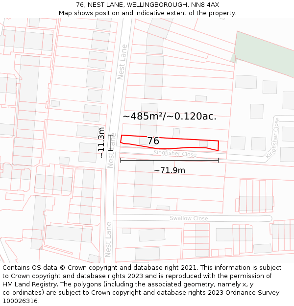 76, NEST LANE, WELLINGBOROUGH, NN8 4AX: Plot and title map