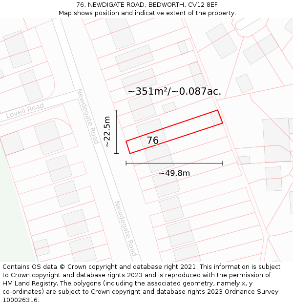 76, NEWDIGATE ROAD, BEDWORTH, CV12 8EF: Plot and title map