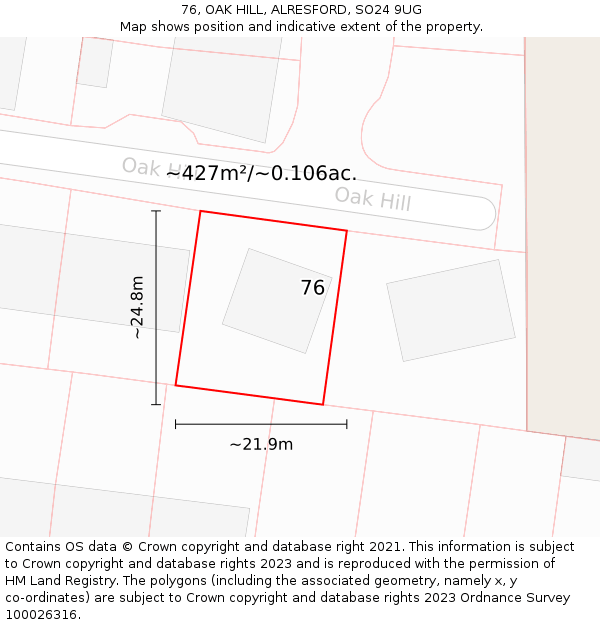 76, OAK HILL, ALRESFORD, SO24 9UG: Plot and title map