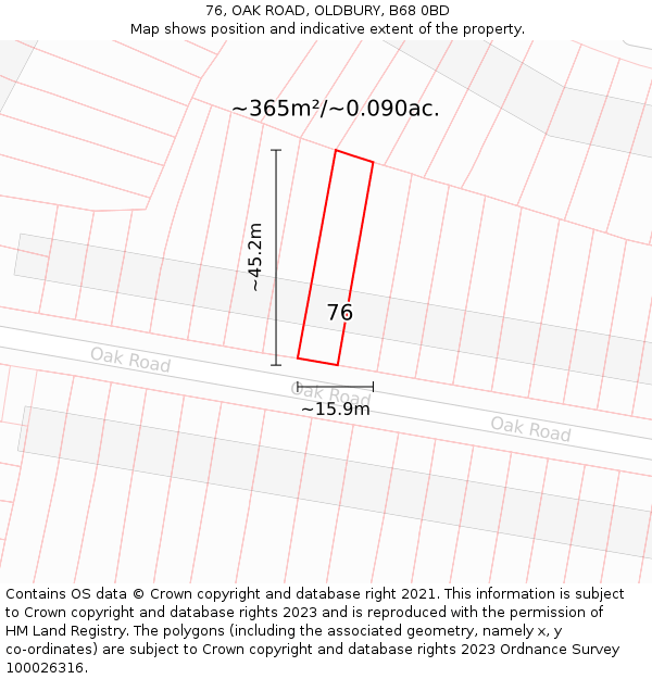 76, OAK ROAD, OLDBURY, B68 0BD: Plot and title map