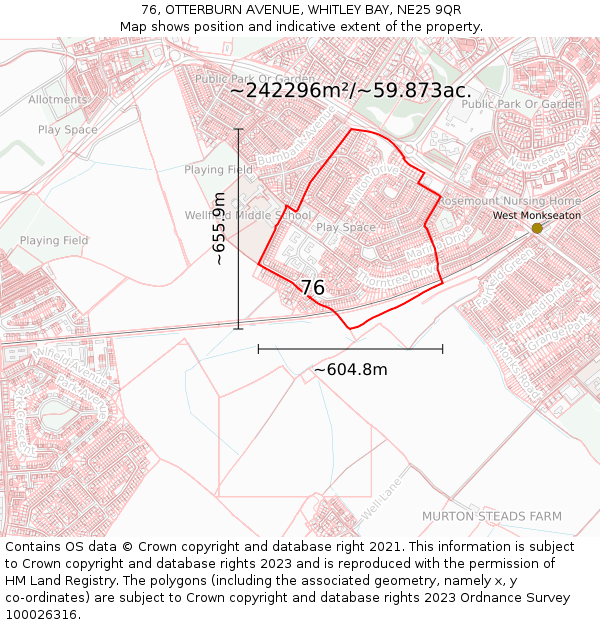 76, OTTERBURN AVENUE, WHITLEY BAY, NE25 9QR: Plot and title map
