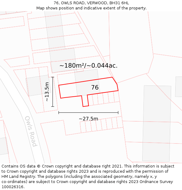 76, OWLS ROAD, VERWOOD, BH31 6HL: Plot and title map