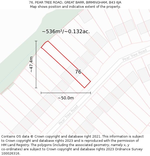 76, PEAR TREE ROAD, GREAT BARR, BIRMINGHAM, B43 6JA: Plot and title map