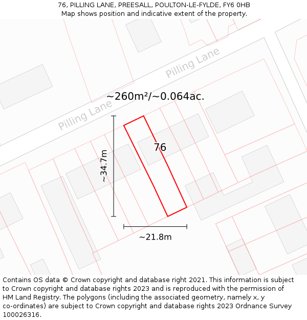 76, PILLING LANE, PREESALL, POULTON-LE-FYLDE, FY6 0HB: Plot and title map