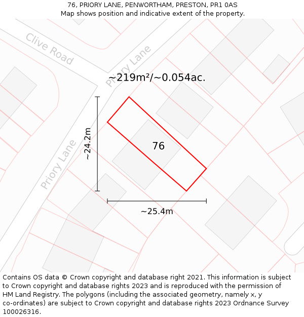 76, PRIORY LANE, PENWORTHAM, PRESTON, PR1 0AS: Plot and title map