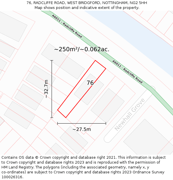 76, RADCLIFFE ROAD, WEST BRIDGFORD, NOTTINGHAM, NG2 5HH: Plot and title map