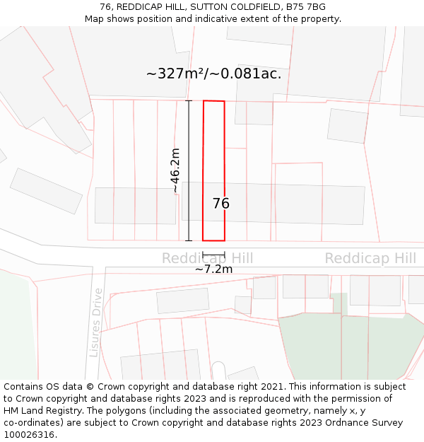 76, REDDICAP HILL, SUTTON COLDFIELD, B75 7BG: Plot and title map