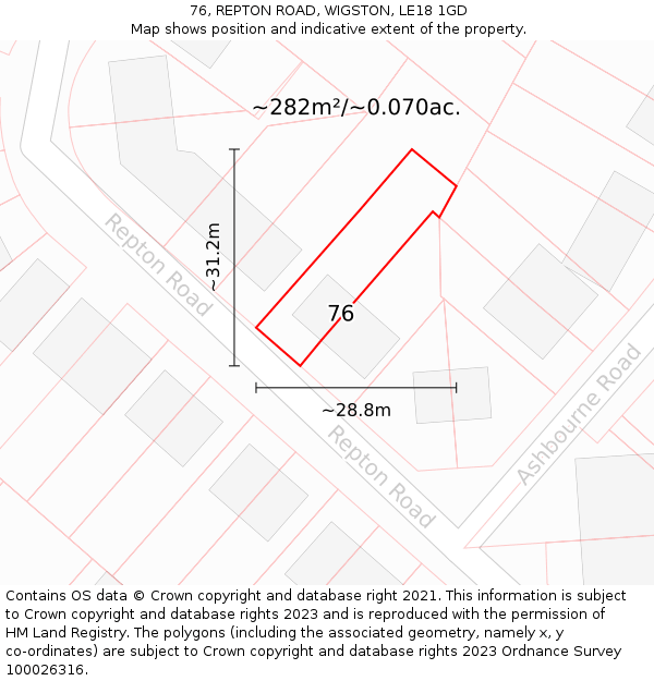 76, REPTON ROAD, WIGSTON, LE18 1GD: Plot and title map