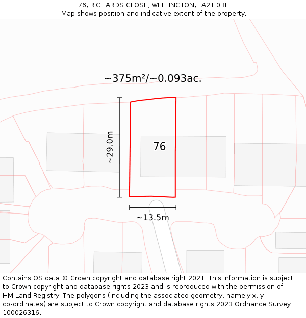 76, RICHARDS CLOSE, WELLINGTON, TA21 0BE: Plot and title map