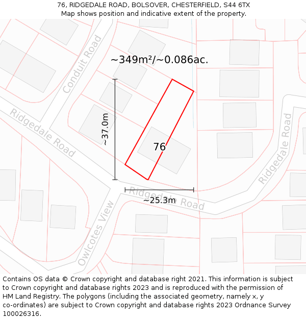 76, RIDGEDALE ROAD, BOLSOVER, CHESTERFIELD, S44 6TX: Plot and title map