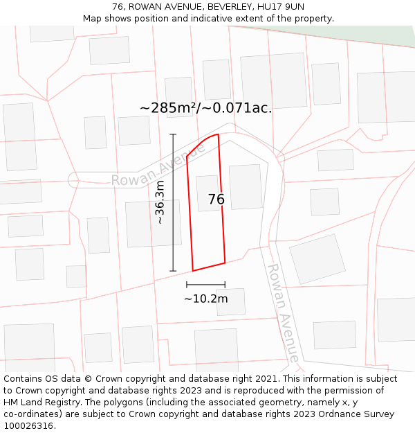 76, ROWAN AVENUE, BEVERLEY, HU17 9UN: Plot and title map