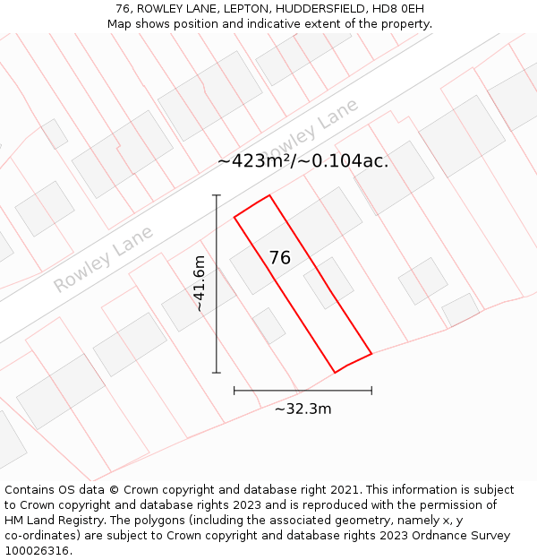 76, ROWLEY LANE, LEPTON, HUDDERSFIELD, HD8 0EH: Plot and title map