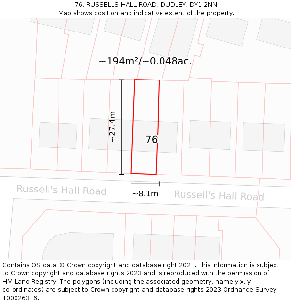 76, RUSSELLS HALL ROAD, DUDLEY, DY1 2NN: Plot and title map