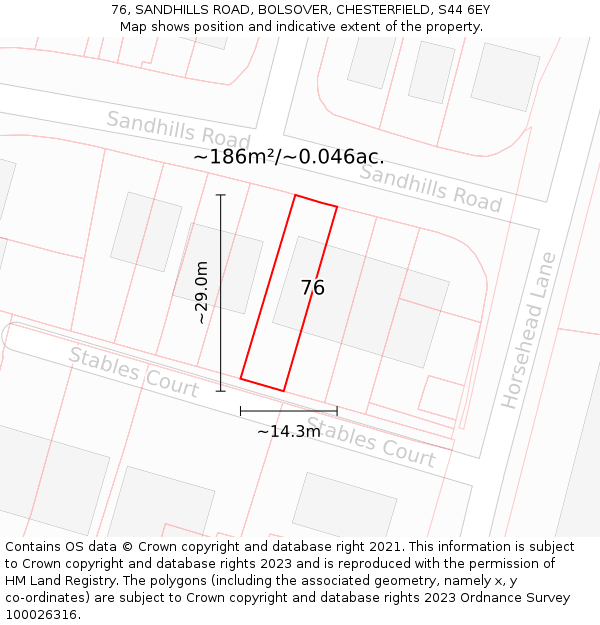 76, SANDHILLS ROAD, BOLSOVER, CHESTERFIELD, S44 6EY: Plot and title map