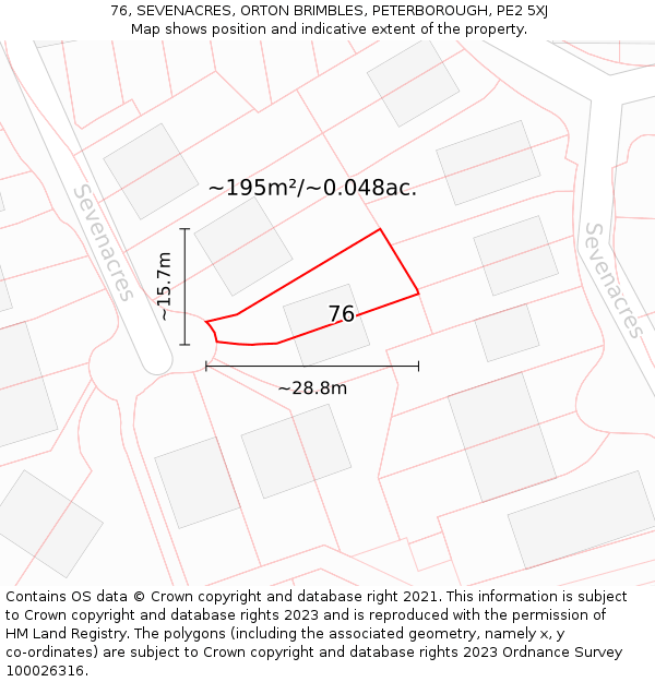 76, SEVENACRES, ORTON BRIMBLES, PETERBOROUGH, PE2 5XJ: Plot and title map