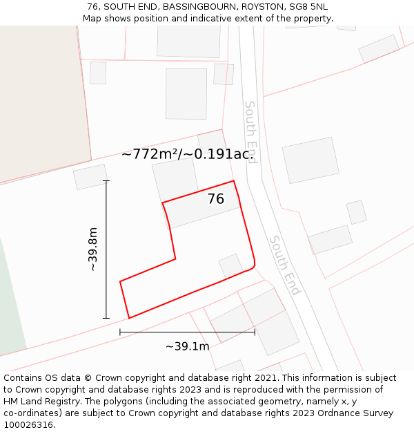 76, SOUTH END, BASSINGBOURN, ROYSTON, SG8 5NL: Plot and title map