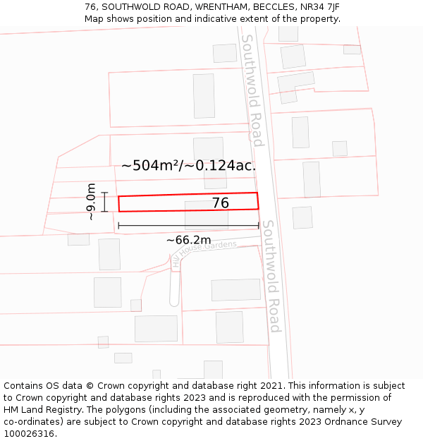 76, SOUTHWOLD ROAD, WRENTHAM, BECCLES, NR34 7JF: Plot and title map