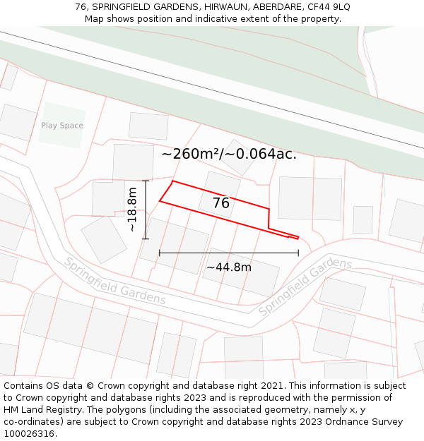 76, SPRINGFIELD GARDENS, HIRWAUN, ABERDARE, CF44 9LQ: Plot and title map