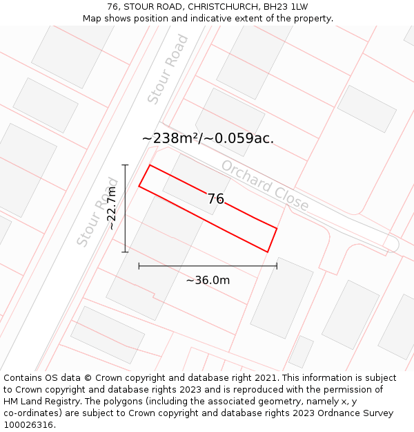 76, STOUR ROAD, CHRISTCHURCH, BH23 1LW: Plot and title map