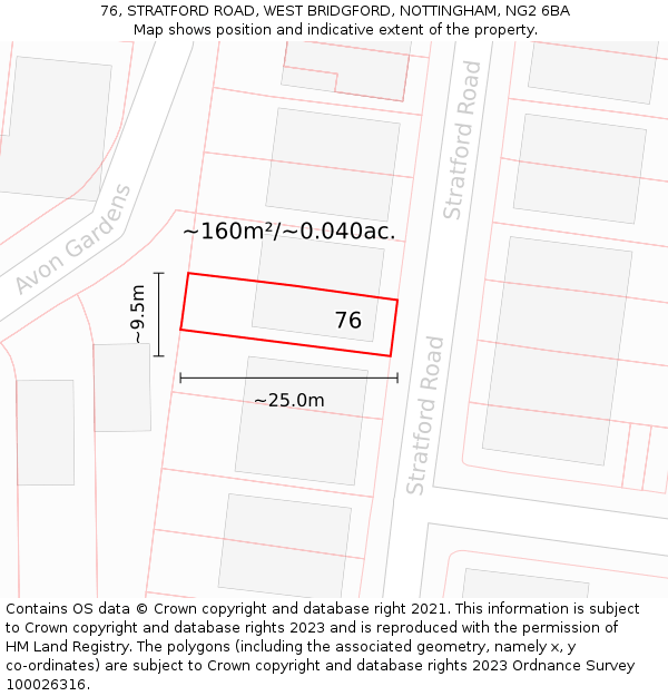 76, STRATFORD ROAD, WEST BRIDGFORD, NOTTINGHAM, NG2 6BA: Plot and title map