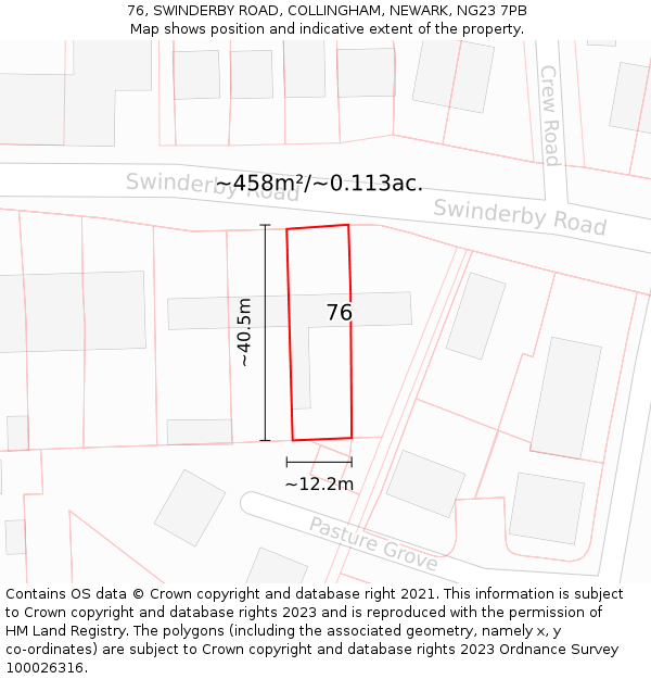 76, SWINDERBY ROAD, COLLINGHAM, NEWARK, NG23 7PB: Plot and title map