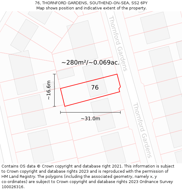 76, THORNFORD GARDENS, SOUTHEND-ON-SEA, SS2 6PY: Plot and title map