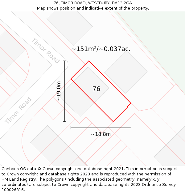 76, TIMOR ROAD, WESTBURY, BA13 2GA: Plot and title map