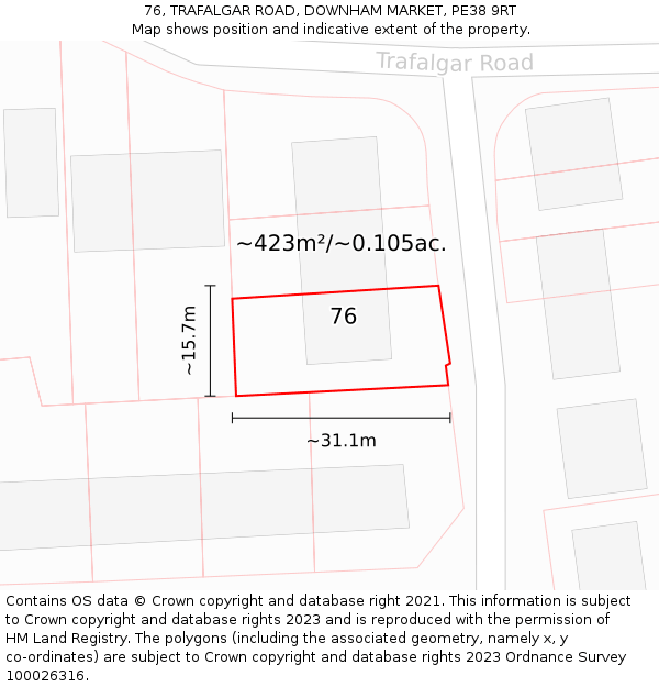 76, TRAFALGAR ROAD, DOWNHAM MARKET, PE38 9RT: Plot and title map