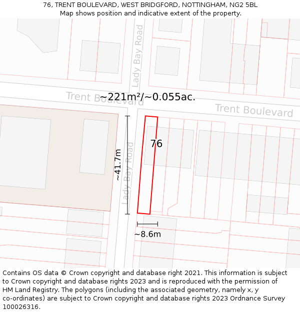 76, TRENT BOULEVARD, WEST BRIDGFORD, NOTTINGHAM, NG2 5BL: Plot and title map