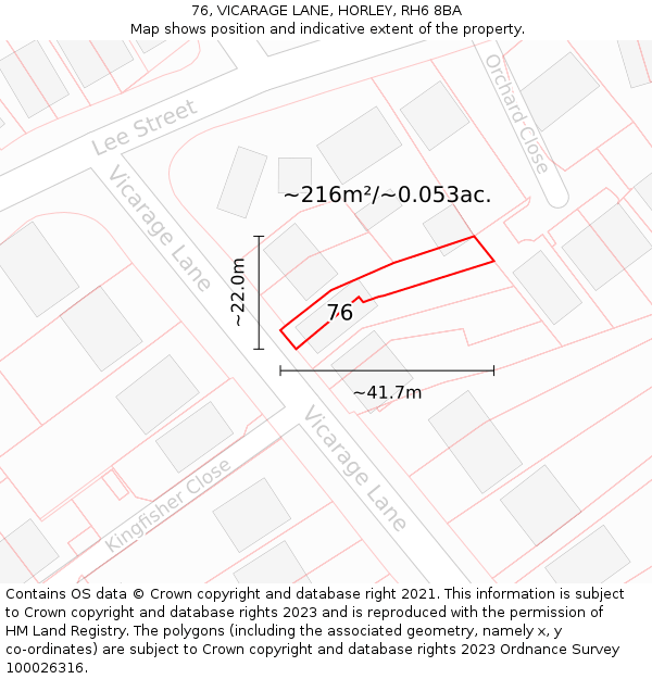 76, VICARAGE LANE, HORLEY, RH6 8BA: Plot and title map