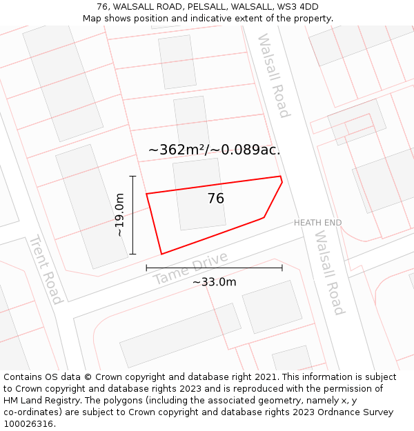 76, WALSALL ROAD, PELSALL, WALSALL, WS3 4DD: Plot and title map