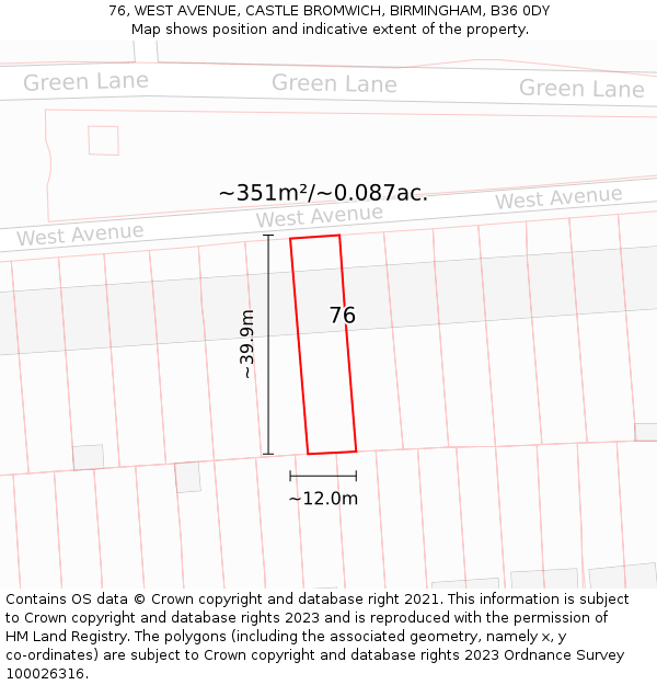 76, WEST AVENUE, CASTLE BROMWICH, BIRMINGHAM, B36 0DY: Plot and title map