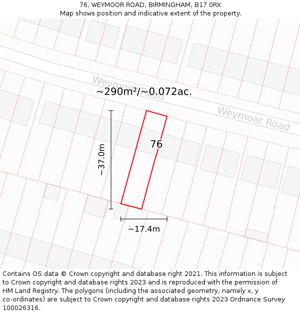 76, WEYMOOR ROAD, BIRMINGHAM, B17 0RX: Plot and title map