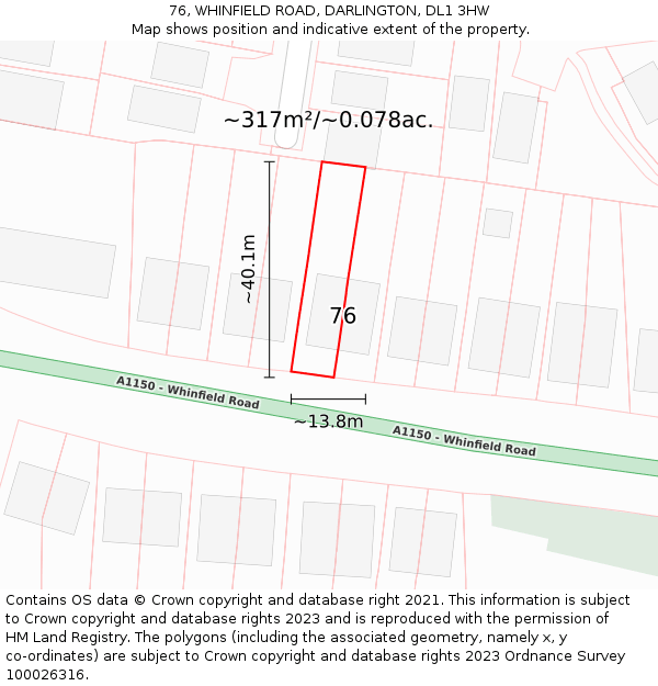 76, WHINFIELD ROAD, DARLINGTON, DL1 3HW: Plot and title map