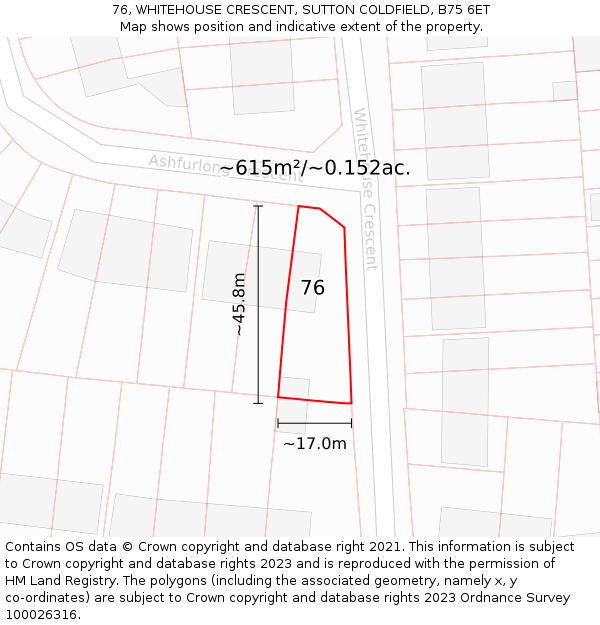 76, WHITEHOUSE CRESCENT, SUTTON COLDFIELD, B75 6ET: Plot and title map