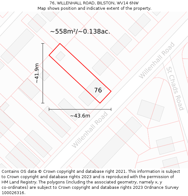 76, WILLENHALL ROAD, BILSTON, WV14 6NW: Plot and title map