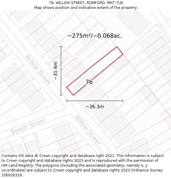 76, WILLOW STREET, ROMFORD, RM7 7LB: Plot and title map