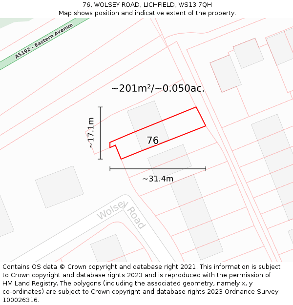 76, WOLSEY ROAD, LICHFIELD, WS13 7QH: Plot and title map