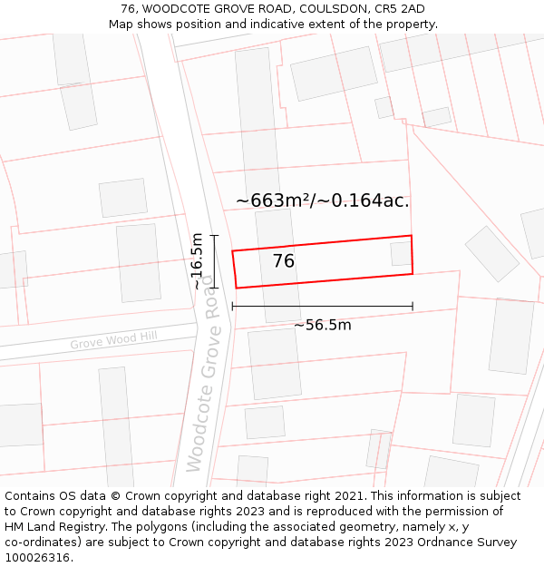 76, WOODCOTE GROVE ROAD, COULSDON, CR5 2AD: Plot and title map