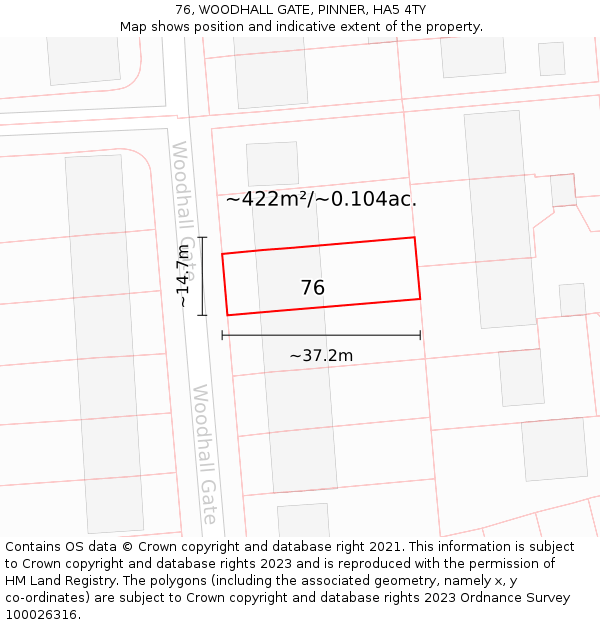 76, WOODHALL GATE, PINNER, HA5 4TY: Plot and title map