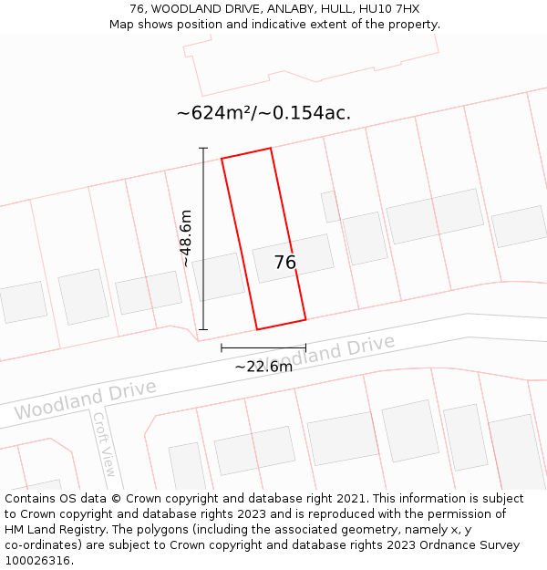 76, WOODLAND DRIVE, ANLABY, HULL, HU10 7HX: Plot and title map