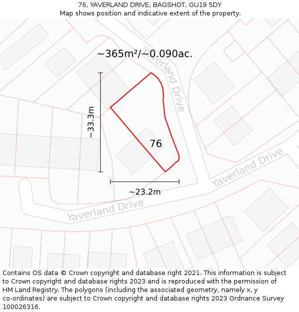 76, YAVERLAND DRIVE, BAGSHOT, GU19 5DY: Plot and title map