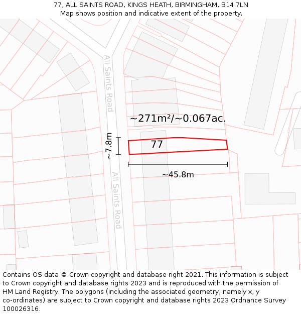 77, ALL SAINTS ROAD, KINGS HEATH, BIRMINGHAM, B14 7LN: Plot and title map