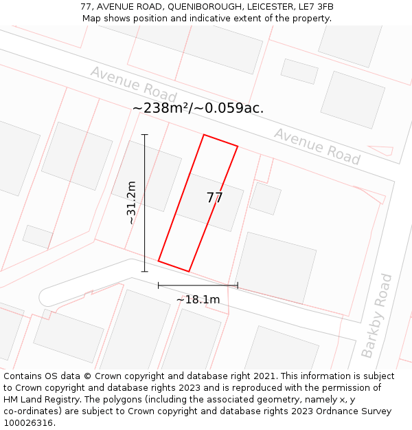 77, AVENUE ROAD, QUENIBOROUGH, LEICESTER, LE7 3FB: Plot and title map