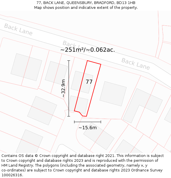 77, BACK LANE, QUEENSBURY, BRADFORD, BD13 1HB: Plot and title map