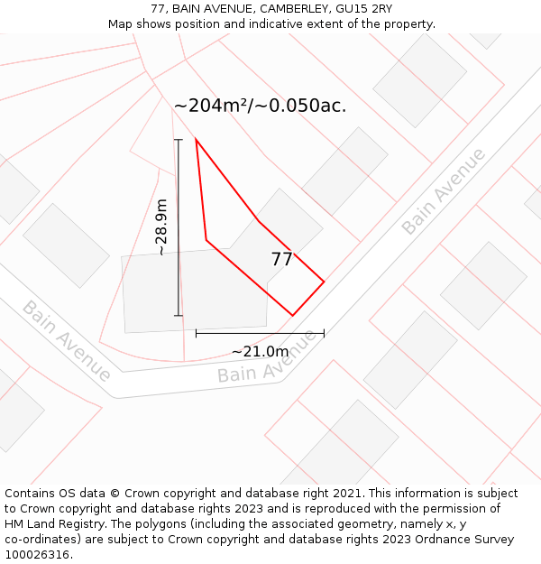 77, BAIN AVENUE, CAMBERLEY, GU15 2RY: Plot and title map