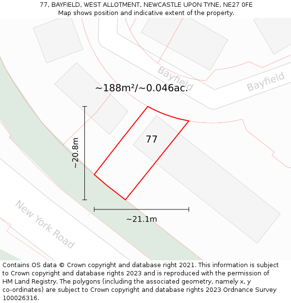 77, BAYFIELD, WEST ALLOTMENT, NEWCASTLE UPON TYNE, NE27 0FE: Plot and title map