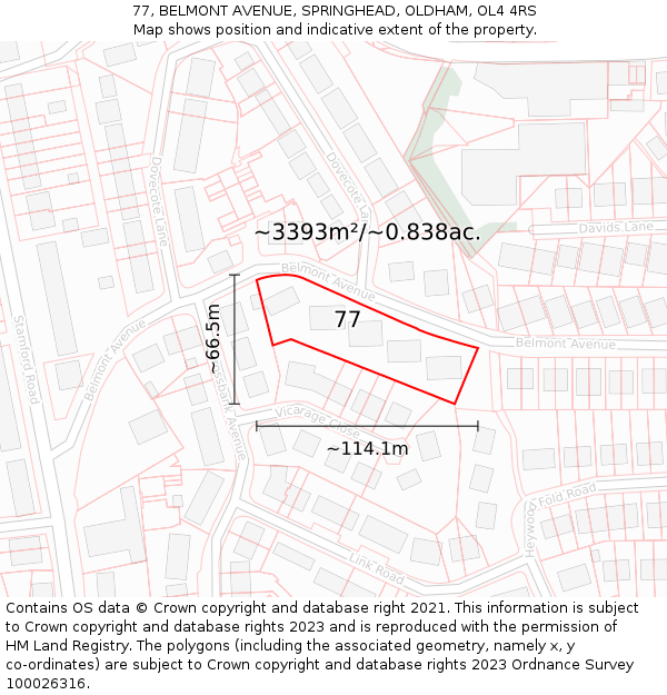 77, BELMONT AVENUE, SPRINGHEAD, OLDHAM, OL4 4RS: Plot and title map